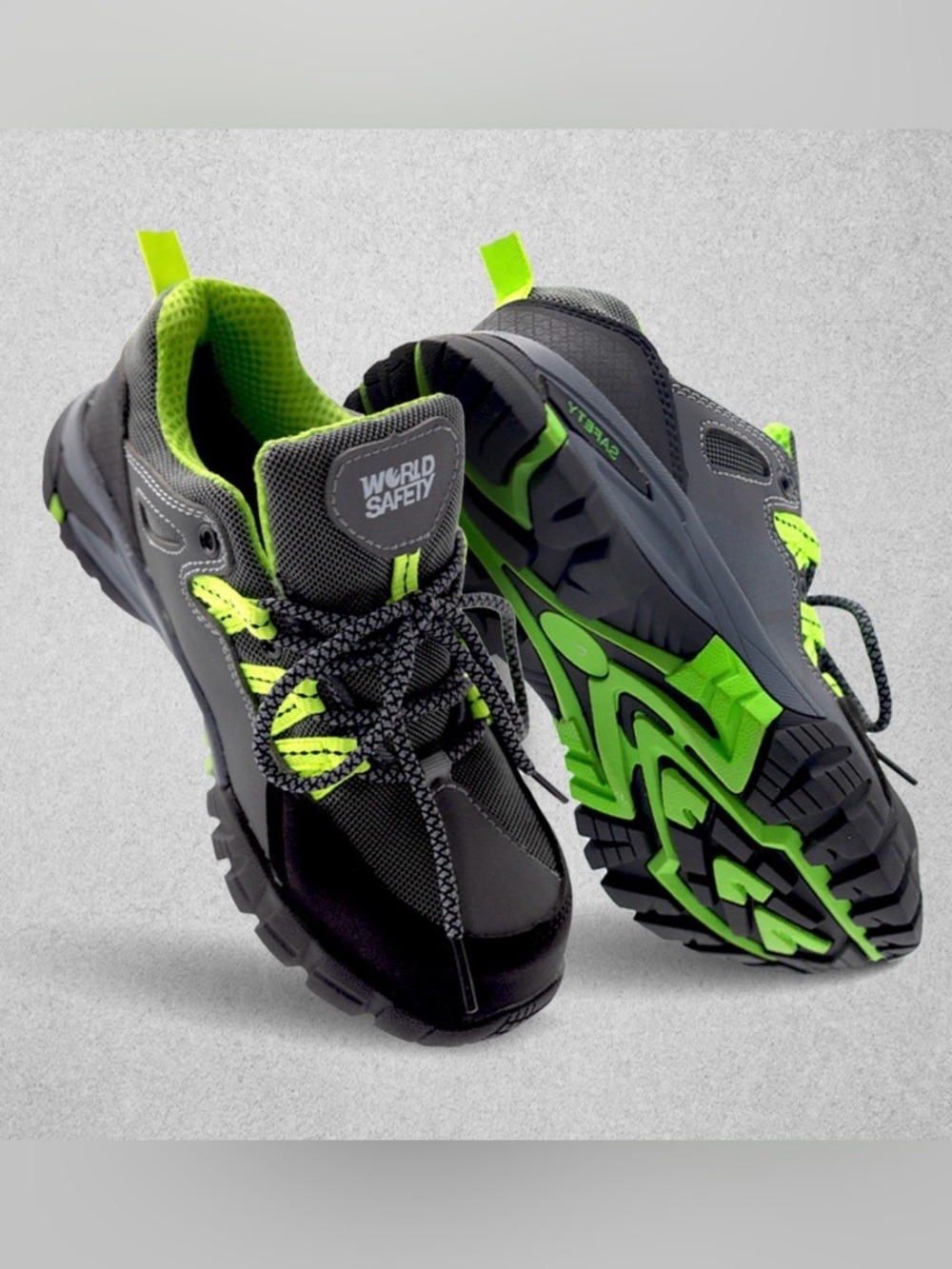 Boys Safety Sneakers Black Gray Neon Green Lace Up Athletic Shoes Size 5.5